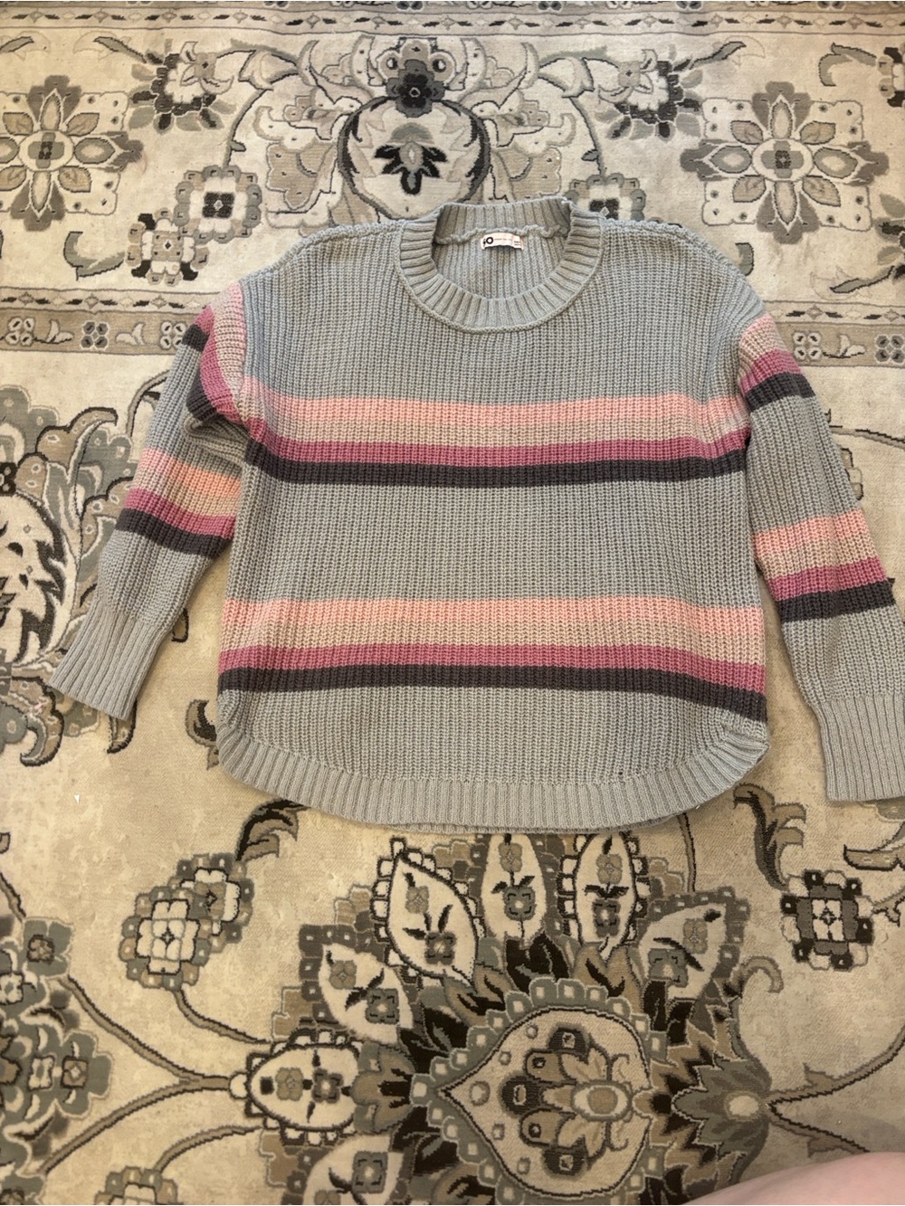 SO Gray Crewneck Sweater with Pink and Mauve Stripes